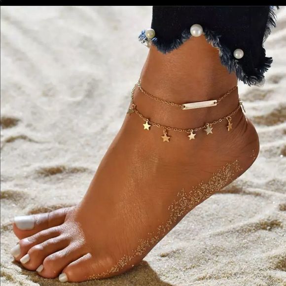 Jewelry - Multi Strand, Gold Star 10” Ankle Bracelet.
